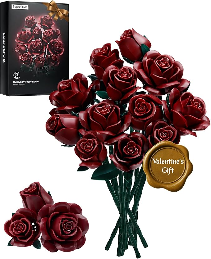 iATOM Burgundy Red Rose Bouquet Building Set 12Pcs Flower Botanical Collection Kit for Adult Valentine's Day Gift for Her/Girlfriend/Mom/Wife/Couple Vintage Home Office Table Centerpiece Decor