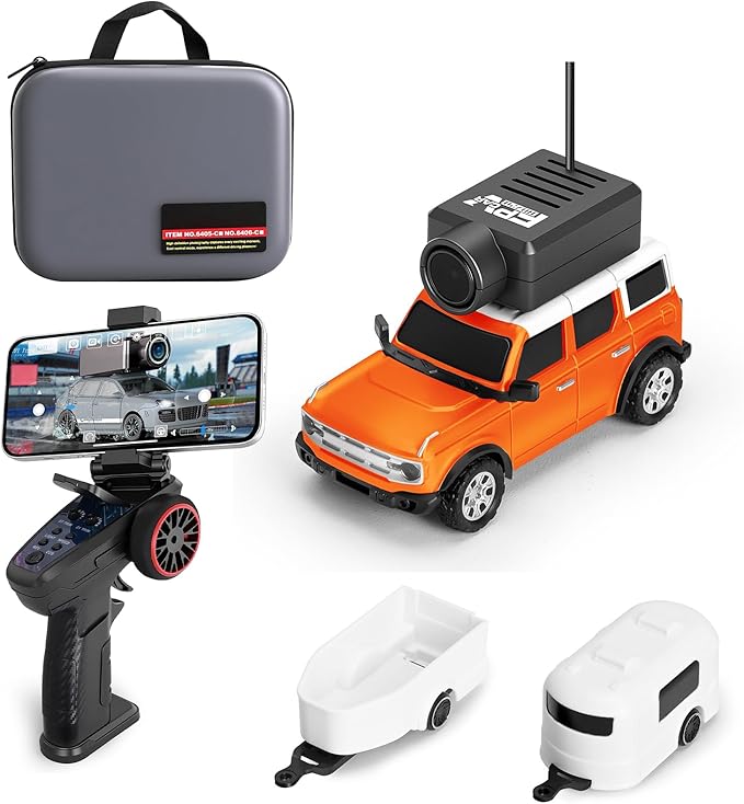 GoolRC WLtoys 6405-C Mini RC Car 2.4GHz 1:64 Scale FPV Remote Control Car with Camera 720P and Gyro APP Control Vehicle with 2 Trailers and LED Lights for Adults (Blue)