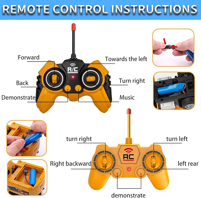 Remote Control Excavator and Dump Truck Toy Set - RC Construction Vehicles Toy with Barricades Road Signs Simulated Rocks Lights and Sounds Present for Toddlers 3-12 Year Boys Girls