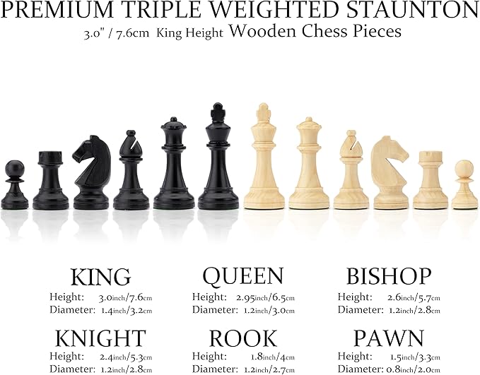 A&ampA 15 inch Walnut Wooden Chess Set with Storage Drawer Triple Weighted Pieces 3.0 inch King Height Walnut &amp Maple Inlay 2 Extra Queen Classic 2 in 1 Chess and Checkers Board Game