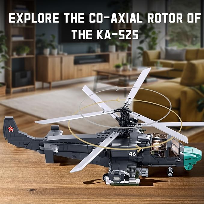 Kamov Ka-52 Scout Attack Helicopter Building Toy - Army Set with 913 PCS 1:30 Scale Includes 2 Toy Soldiers - Fun for Kids and Adults