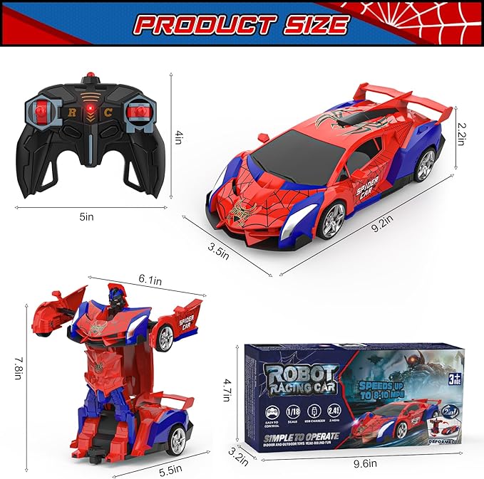 BLUEJAY Transform Rc Cars for Boys 4-7 8-12 2.4Ghz Remote Control Car 1:18 Scale Transforming Robot One-Button Deformation 360° Rotation Car Toy Gifts for Boys 3-5