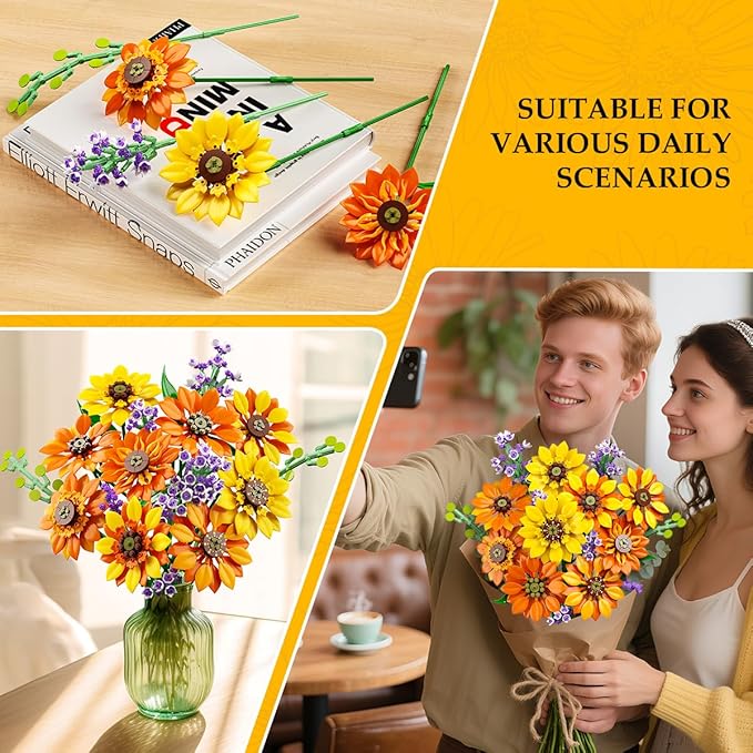 Flowers Sunflower Bouquet Building Set with Lights - 17 Flowers Botanical Collection Artificial Plant Sunflower Building Blocks Art Home Decor Easter Gifts for Adults Women Girl (1011PCS)