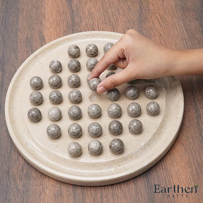Marble Peg Solitaire Board Game 10 Inches Beige One Player Game Brain Teaser Puzzle with Oceanic Balls Tabletop Game for Family Only