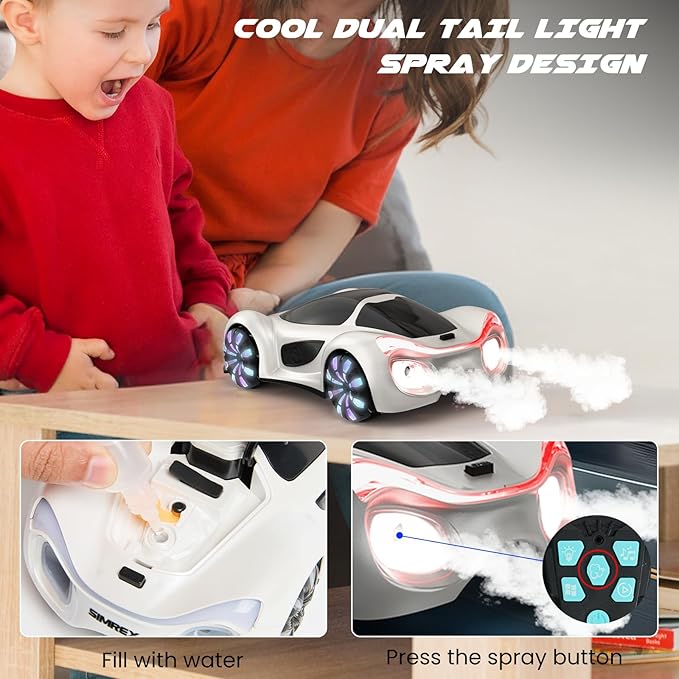 SIMREX Gesture Sensing Remote Control Car with Charging Dock - 360° Rotate Drift RC Stunt Car Toy 40 Min Playtime Dual Control Spray Mist &amp LED Lights Birthday Gift for Kids Boys Girls（White）