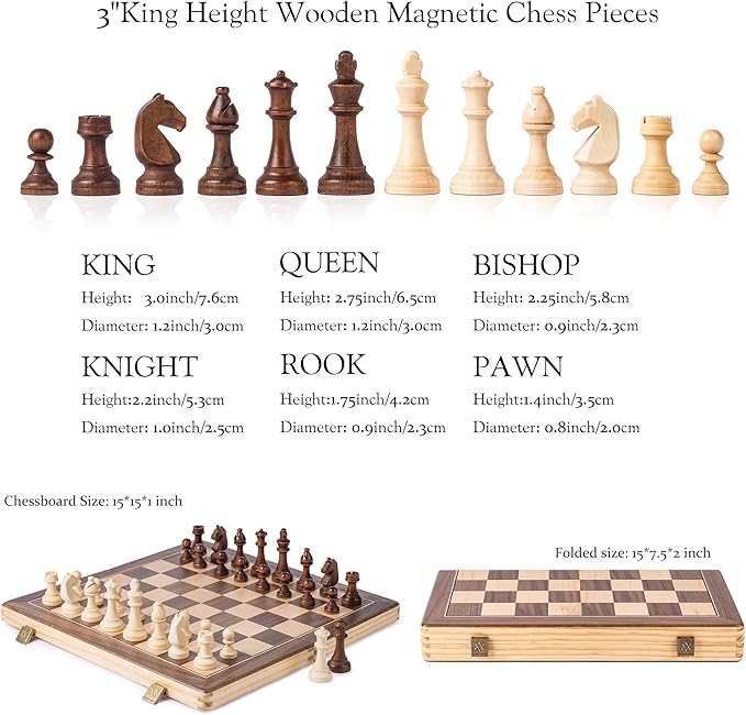 A&ampA 15 Magnetic Wooden Chess Set/Folding Board / 3 King Height German Knight Staunton Chess Pieces/Mahogany &amp Maple Inlaid /2 Extra Queen