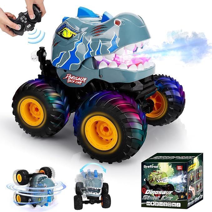 Remote Control Car for Boys 4-7 8-12 Dinosaur Monster Truck Toys with 50min+ Runtime Spray LED Light 360° Rotating &amp 90° Driving RC Stunt Car for Kids Birthday