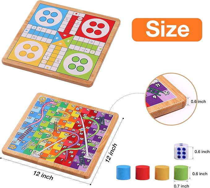 12 Inches Ludo Board Game + Snakes&ampLadders 2 in 1 Classic Board Game for Adults and Kids Including 1 Game Board 2 Dice 16 Game Pieces Rules and Carrying Bag.