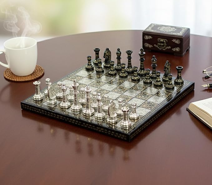 StonKraft Brass Chess Board Game Set with 100% Brass Chess Pieces Chessmen Coins (12 x 12 Inches)