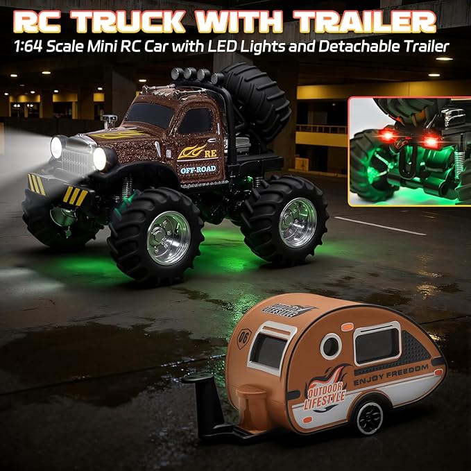 Snugzy Mini RC Car 1:64 Scale RC Truck for Kids with Trailer 2.4Ghz Remote Control Rechargeable RC Cars Toy Gifts for Boys Girls Adult (Brown)