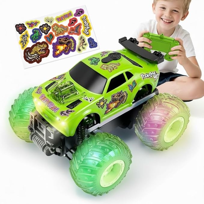 Remote Control Car for Toddler Monster Truck for Boy Age 4-7 with Dinosaur DIY Sticker Headlight Colorful Light Spin and Mist Birthday Gift Toy for Boy Age 3-5 5-7