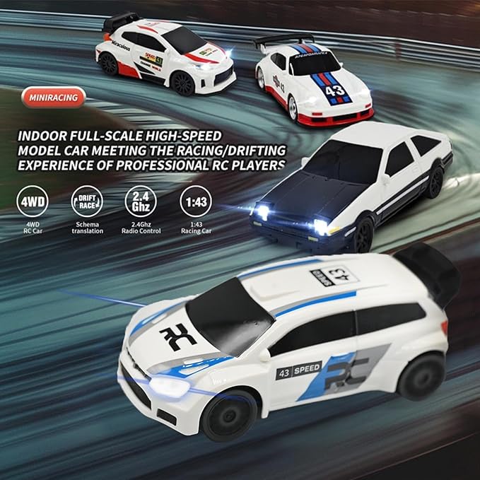 1/43 Mini RC Drift Car 2.4GHz RTR Full Proportional Remote Control Rally Sport Cars 4WD High Speed Racing Lights Kit and Racing Tires (4307)