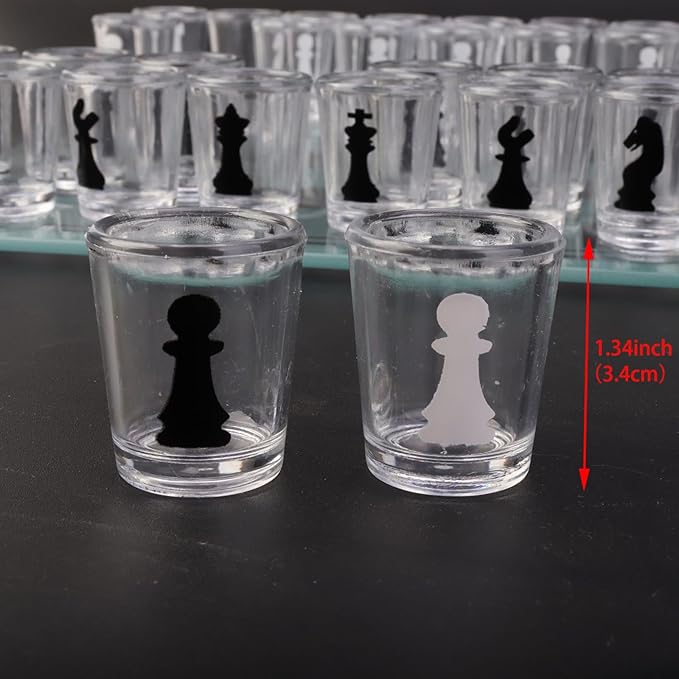 Shot Glass Chess Set 9.45-Inch Chess Board with 32 Mini 1.34-Inch Shot Glass Pieces Adult Drinking Chess Game for Parties Fun Novelty Gift