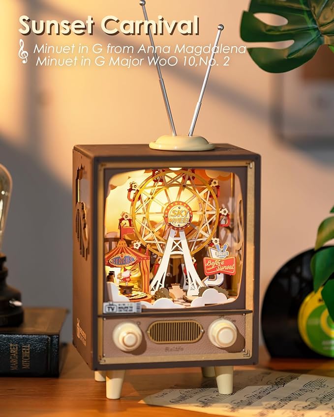 Rolife 3D Wooden Puzzles for Adults DIY Book Nook Kit 16 Ferris Wheel Music Box Model Building Set with LED Crafts for Adults Gifts for Girls Boys (Sunset Carnival)