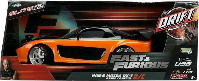 Jada Toys Fast &amp Furious Han’s Mazda RX-7 Drift RC Car 1: 10 Scale 2.4Ghz Remote Control Orange &amp Black Ready to Run USB Charging (Standard) (99700)
