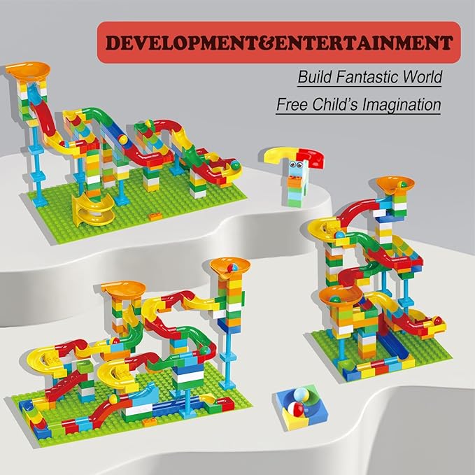 Marble Run Building Blocks for Kids Age 3-8 128 Pcs STEM Building Bricks Set with Toss Ring Game Educational Learning Toys for Toddlers Boys Girls Gifts- Compatible with All Major Brands