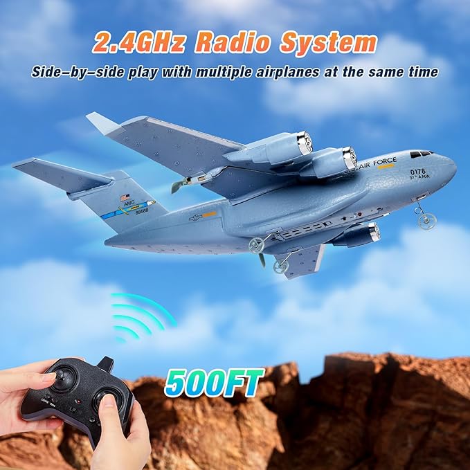 RC Airplane 2CH RC Plane Ready to Fly 2.4GHz C-17 Remote Control Airplane with 6-axis Gyro Stabilizer Globemaster III Military Transport Aircraft for Beginners Boys Kids Adults Patent Pending