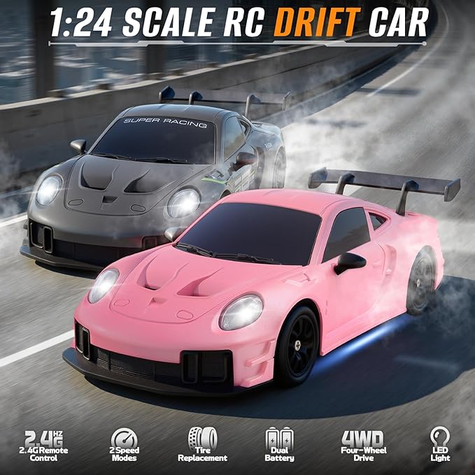RC Drift Car 1:24 4WD Remote Control Cars Vehicle with LED Light2.4GHz 20KM/H High Speed RC Cars with Two Batteries &amp Drifting Tires Racing Sport Toy for Adults Boys Girls Kids Pink