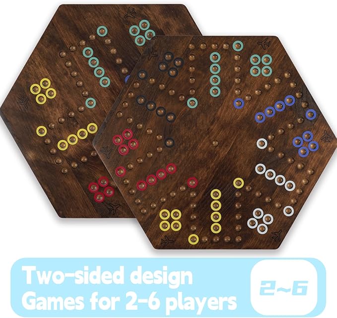 Wahoo Board Game - 23.6 inch Marble Game Board with 24 Glass Marbles and 6 DiceSolid Wood Double-Sided Game Board for 4 or 6 Players - Family and Party Game