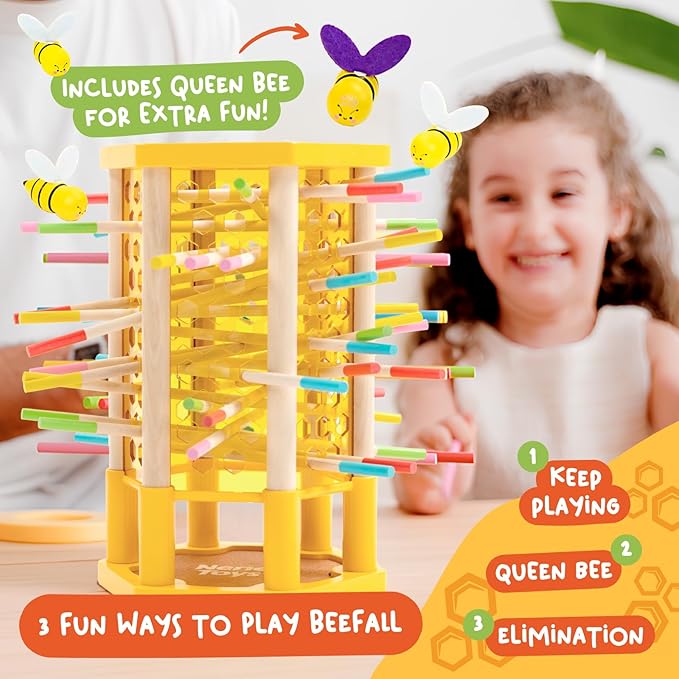 Nene Toys BeeFall Jumbo 4-in-1 Wooden Honey Bee Toy for Kids Ages 3-9 - Educational Game with Wooden Honeybee Hive 12 Bees Colorful Sticks Dice &amp Cards - Fun Family Game for Cognitive Developm