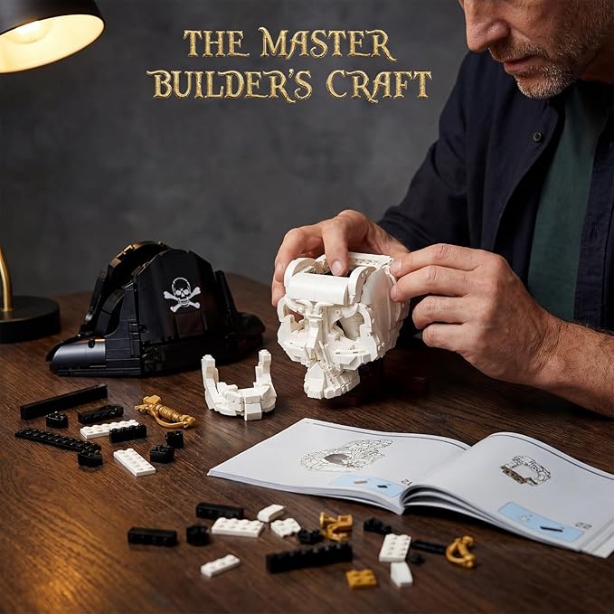 Gothic Pirate Skull Building Set for AdultsHorror Skeleton Head Model with Display Base Cool Unique Ideal Building Block Sets for Home Table Decor (1167 PCS)