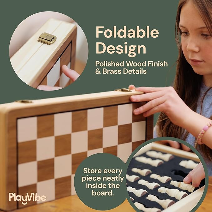 PlayVibe Wooden Chess Set 15'' Board Games for Families with 2 Extra Queens - Handmade Wooden Chess &amp Checkers Portable Folding Travel Board Outdoor Park &amp Garden Play Spring Gift for Adult