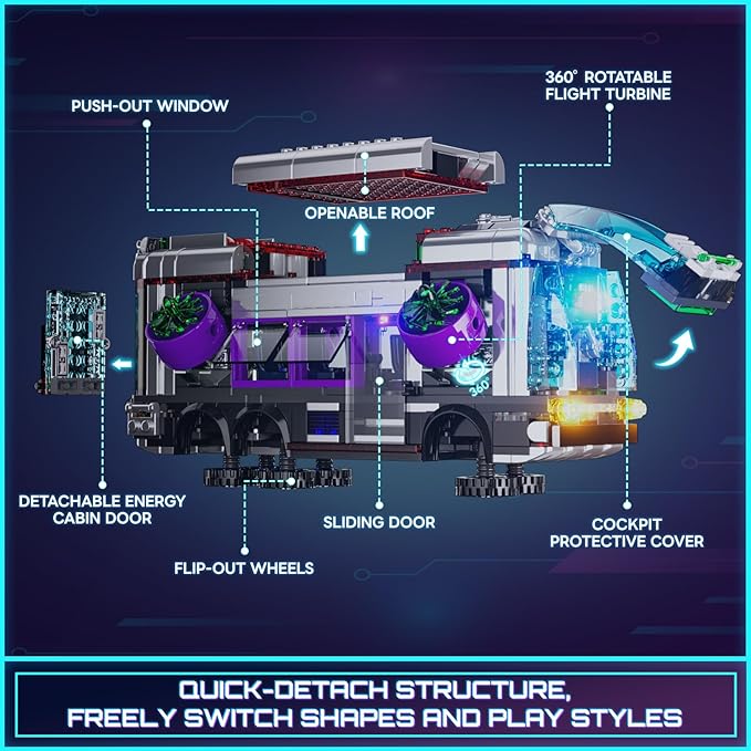Cyberpunk Future-Bus Lighting-Building-Bricks Set - Cyberpunk City Future Vehicle Collection LED Light 2in1 Car Model Display Set 605 Pcs for Adults and Sci-fi Lovers