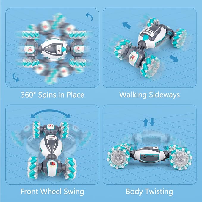 PREPOP Gesture Sensing RC Stunt Car Birthday for Age 6 7 8-12 13+ Year Old Boys - Cool Toys for Kids Hand Controlled Remote Control Twist Vehicle with Lights &amp Music 4WD Rotating