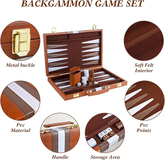 Backgammon Set 2 Players Classic Backgammon Sets for Adults Board Game with PU Leather Case Portable and Travel Backgammon Set (Brown 15inch)