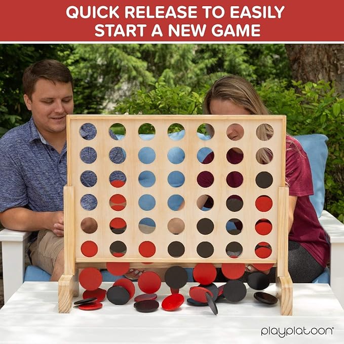 Play Platoon Giant Connect Game Outdoor Join 4 in a Row with Coins Case and Rules - Extra Large Yard Games for Adults and Family - Natural Wood