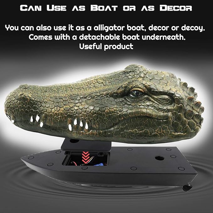 2.4 GHz Remote Control Alligator Head Boat RC Boats - Large Resin Decoy and Floating Crocodile Head Toy Rechargeable Battery Prank Toys Remote Controlled Boat Lake &amp Pool