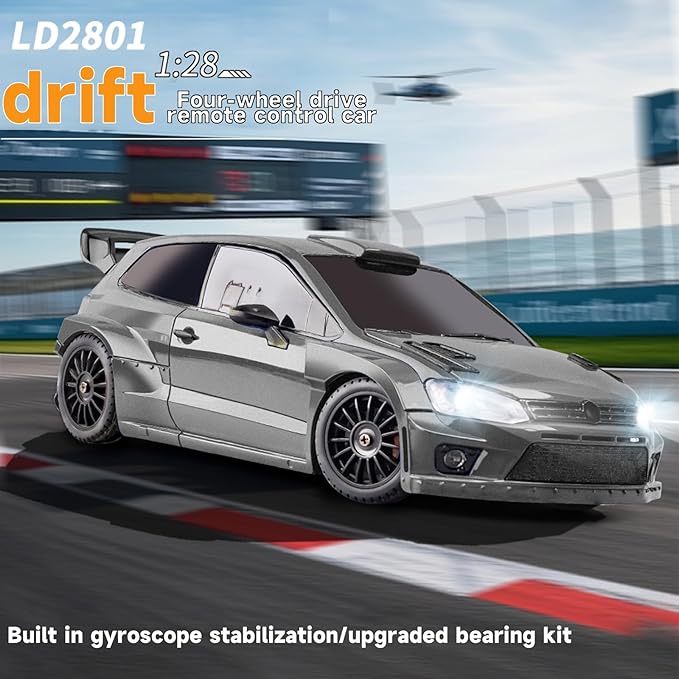 LDRC 2801PRO 1/28 Mini RC Drift Car GTR 2.4GHz 4WD RTR with Gyro and 4PCS Drift Tires Racing Radio Control Cars (Silvery)