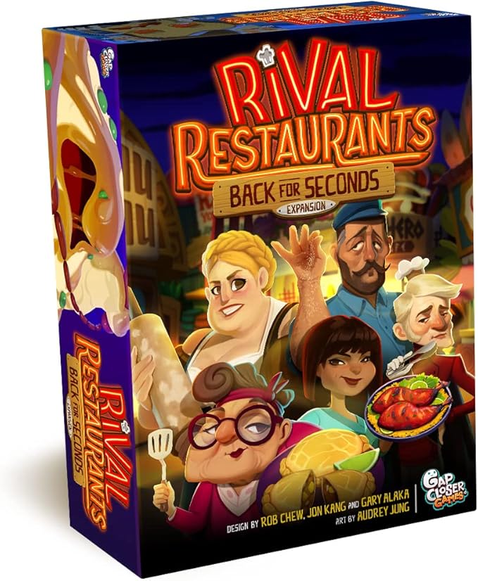 Rival Restaurants: Back for Seconds Expansion by Gap Closer Games | Strategy Board Game | 2 to 6 Players | Ages 10+ | 45+ Minutes | Expansion with New Chefs Additional Restaurants &amp Action Cards