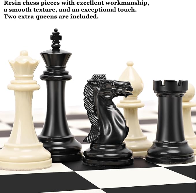 Tournament 20-inch Silicone Chess Board with 3.5 King Quadruple Weighted Pieces 2 Extra Queens &amp Dust Brush for Easy Care. Professional Portable Chess Set in Storage Bag