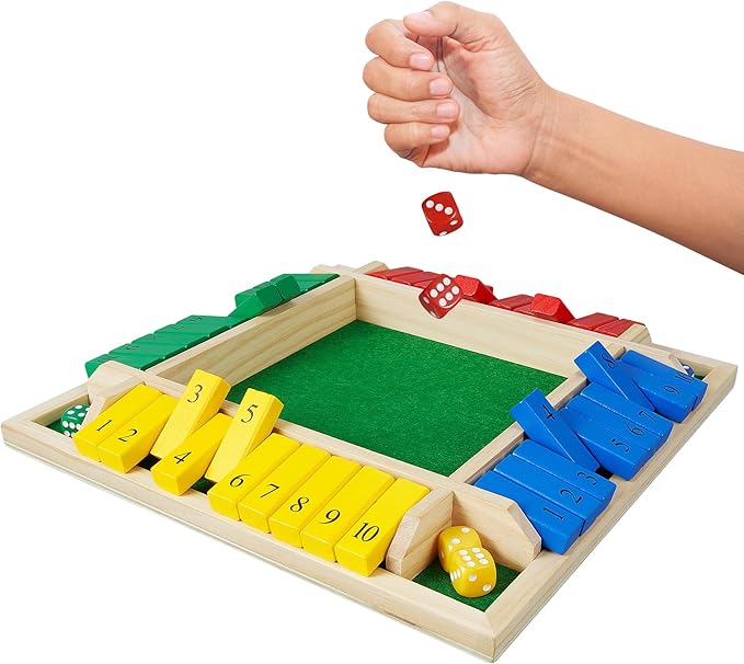 AMEROUS Shut The Box Dice Game-12 inches-Colorful Design-1-4 Players-12 Dice-Gift Package Classic 4 Sided Wooden Board Game for Adults Kids Classics Board Game