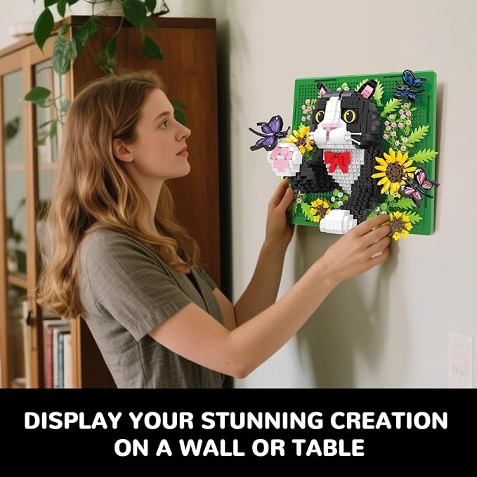 Flowers Tuxedo Cat Animal 3D Wall Art Micro Mini Building Blocks Set Unique Home Wall Decor or Table Display No Compatible with Lego Ideal Gift Toy for Adults &amp Boys Girls 14+ (1402 PCS)