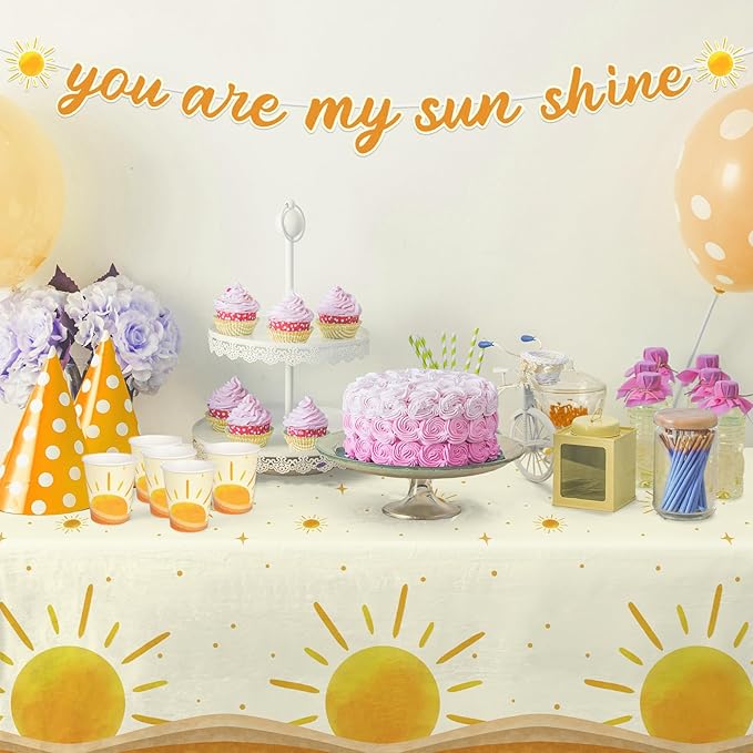 Boho Sun-Theme Birthday Party Supply Set Complete Baby Shower Decorations with Sunshine Disposable Paper Plates Cups Tablecloth Banner and Napkins for 25 Boho Baby Shower Party Decorations.