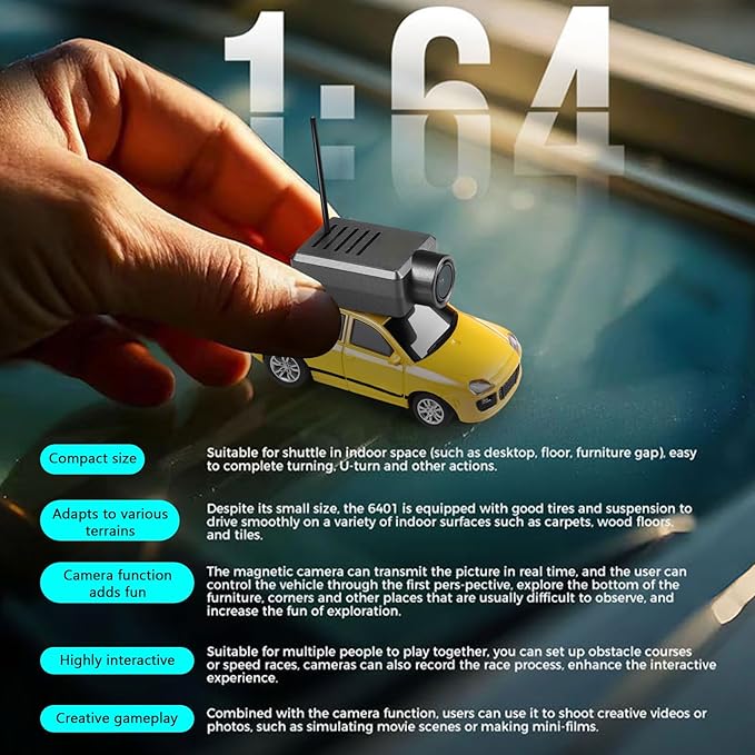 Mini RC Drift Car 1:64 Scale Mini RC Car with Camera and Radio Transmitter 2.4GHz Transmitter and APP Controlled Toy Vehicle with HD Magnetic Camera LED Lights Fun Toy for (Yellow)