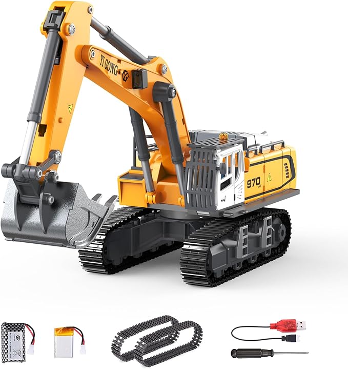 Adult Metal Mini 1:50 Remote Control Excavator is a Screw-Driven Excavator that Comes with Two Batteries and a Carrying case. It's an for Model Enthusiasts and Children