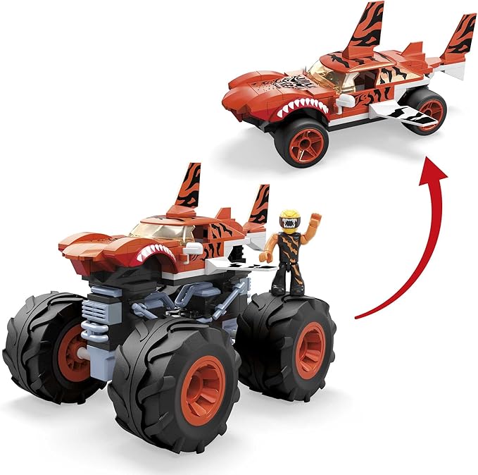 MEGA Hot Wheels Monster Trucks Building Toy Playset Tiger Shark with 187 Pieces 1 Micro Action Figure Driver Orange and Black Kids Age 5+ Years