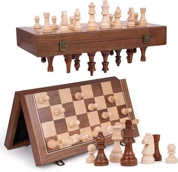 15 Inch Magnetic Wooden Chess Set with Storage Folding Chess Board Game with Strong Magnets Tournament Size 3 Inch King 2 Extra Queens Portable Travel Chess Set for Adults &amp Kids