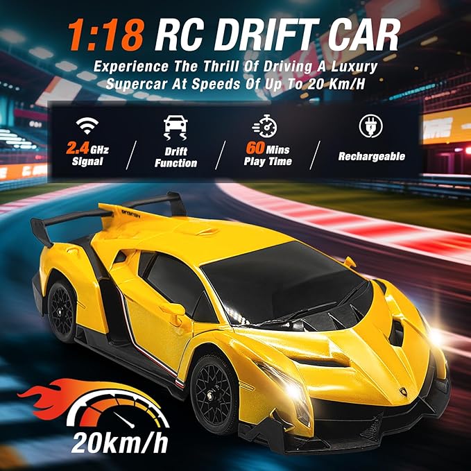 Lamborghini Remote Control Car for Boys 3-7 1:18 Scale Lambo Toy Car Official LicensedRC Drift Car 20Km/h with LED Lights 2.4GHz RC Cars for Adults Boys Girls 8-12 Birthday Gifts (Yellow)