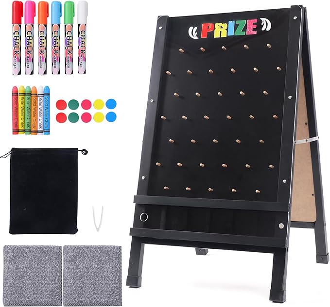 Prize Drop Game Board 15.7X27.5 Double-Sided Foldable Design with Wooden A-Frame Chalkboard Sign for Family Carnival Trade Show &amp Party-Includes 10 Coin Drop Discs and Chalk Set Portable Des