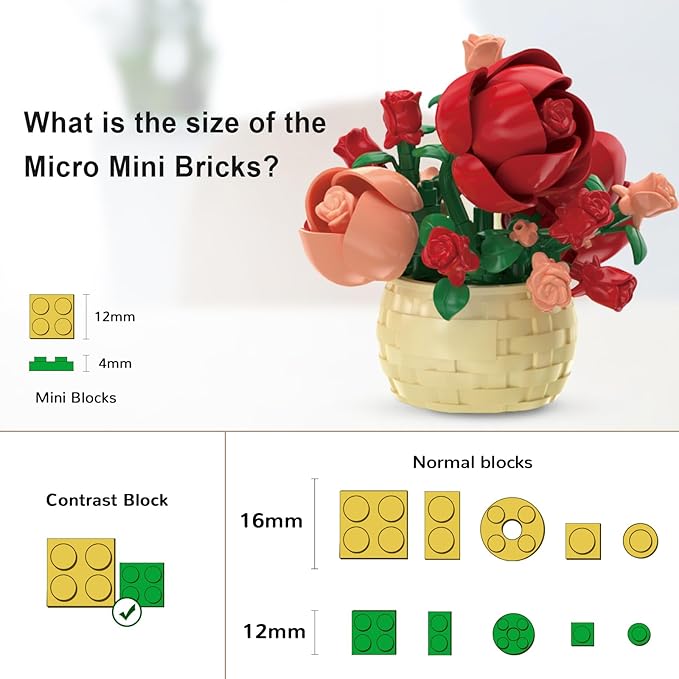 8 Pieces Flower Block Set Plant and Succulent ToysBirthday Gift for Women and Girls As a Decoration or Adult Block Toy