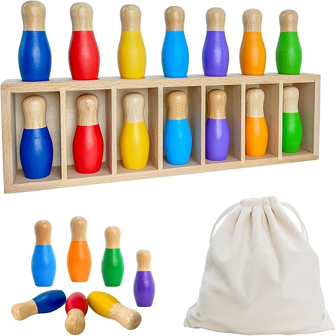 pamexin Family Games for Kids Wooden Bowling Color Matching Game with 7 Bright Pins and Storage Bag Family Board Games Party Birthday Gift Fun Party Game for Boys Girls