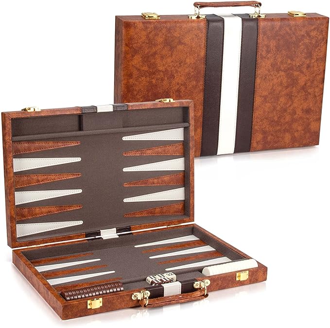 AMEROUS Backgammon Set 15 Inches Classic Board Game with Leather Case Folding Board Gift Package Portable Travel Strategy Backgammon Game Set for Adults Kids (Medium Brown)
