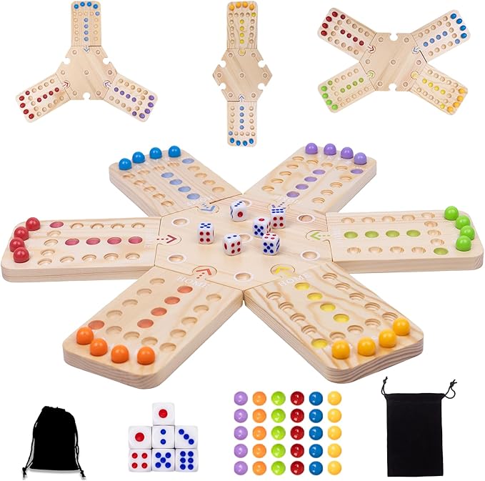 Original Marble Board Game Set Portable Wooden Tabletop Game with 30 Marbles and 7 Dice for Family Party Nights (2-6 Players)