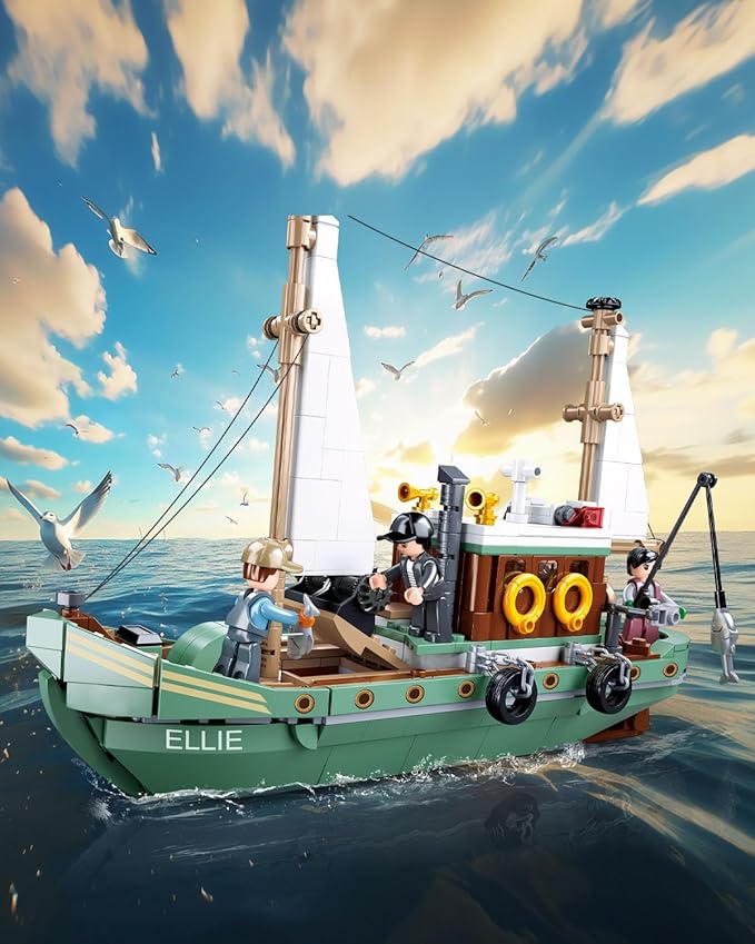 City Fishing Boat Building Kit with 3 Fisherman Minifigures Ship Building Sets with Fishing Rods &amp Buckets Christmas Birthday Gifts Toys for Kids Aged 6-12 Compatible with Lego Boat 610 PCS