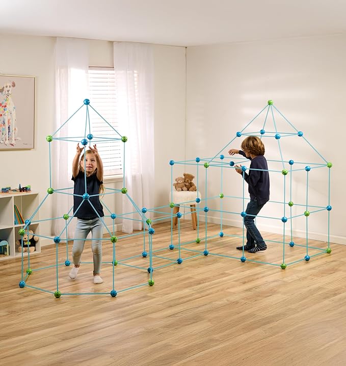 132 Piece Fort Building Kit - Indoor Play Engineering Set with Connecting Sticks &amp Balls - Creative STEM Building Toys for Kids Play Spaces Tents &amp Hideouts