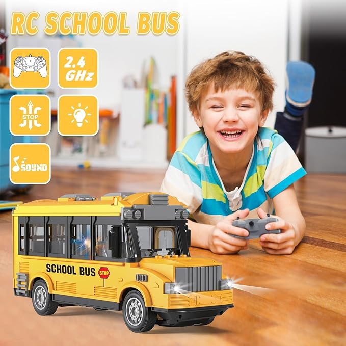 Dollox 1/30 RC School Bus 2.4G Remote Control School Car 4 Channel City Classic Bus Toy Electronic Vehicles Opening Door for Toddlers with Lights (School Bus)